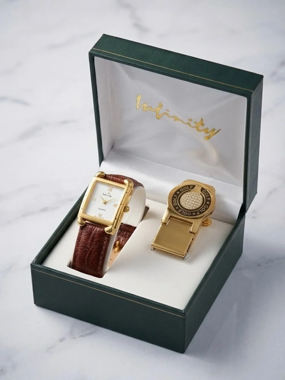 NFINITY Gold-Tone Square Case Watch with Brown Leather Strap and Gold Clip
